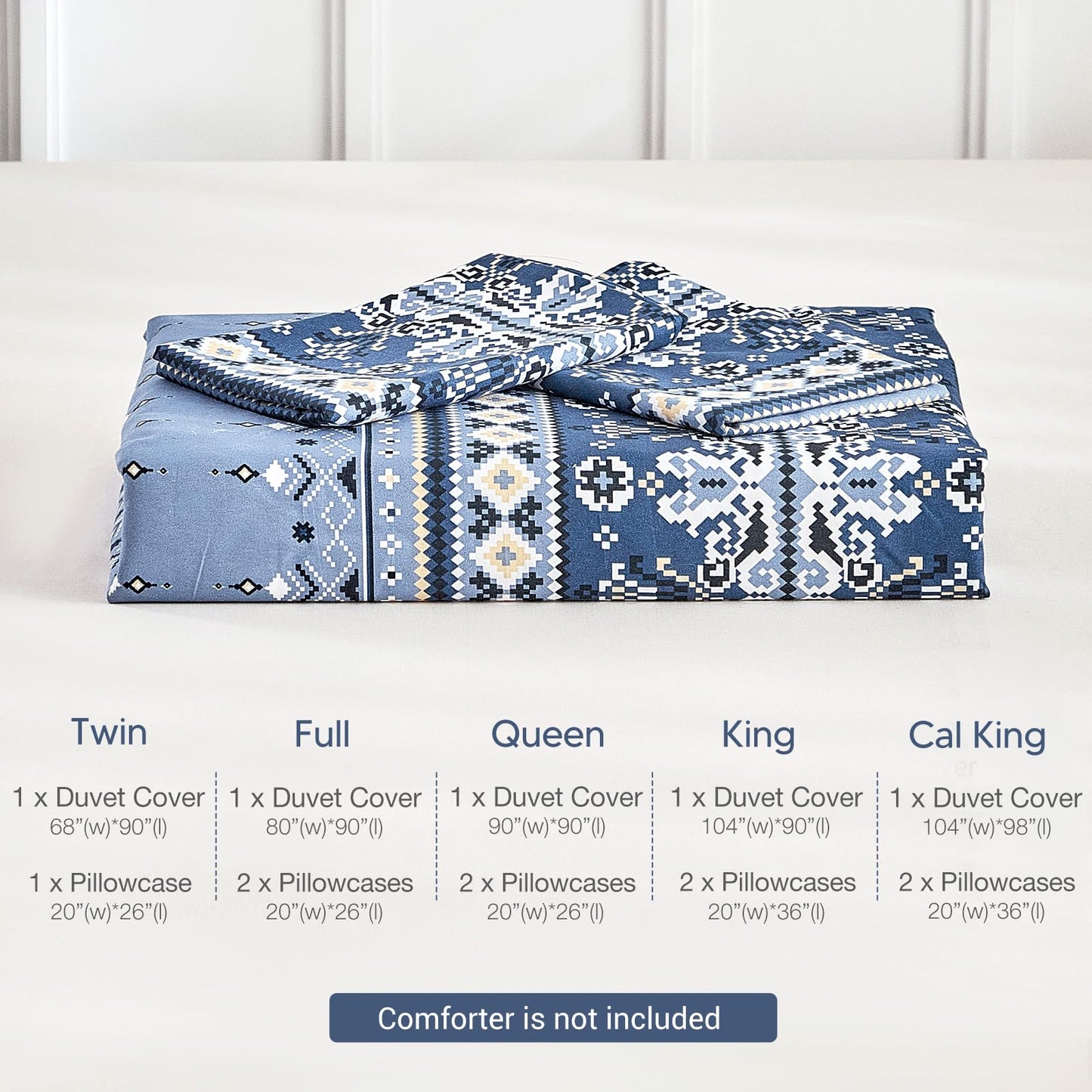 Lekesky Boho Duvet Cover King Size, Blue Comforter Cover King Size White Geometric Floral Printed Duvet Set, 3 Pieces Soft Microfiber Bedding Set with Zipper Ties (King, 104"x90")