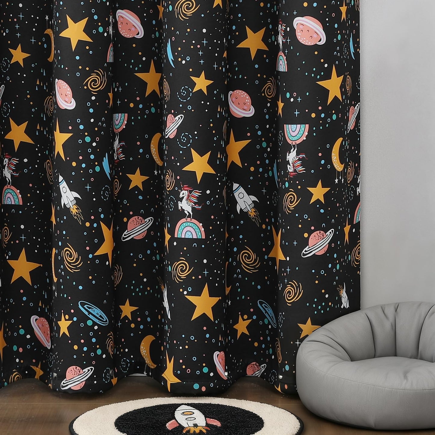 Estelar Textiler Unicorn Planet Printed Black Blackout Curtains 63 Inch Long for Nursery, Thermal Insulated Room Darkening Star and Moon Grommet Window Drapes for Kids Bedroom(38"W x 63"L, 2 Panels)