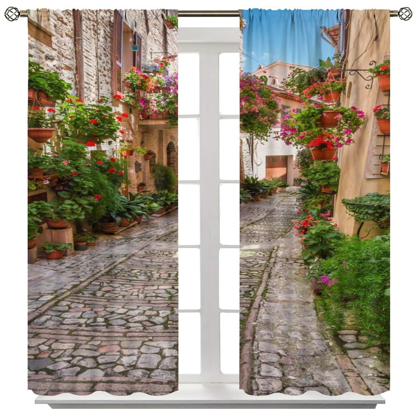 Italian Landscape Decor Curtain, Town Floral Plant Natural European Italy Street Rustic Garden Green Vine Print Rod Pocket Window Drapes, for Bedroom Living Room 42" W X 45" L