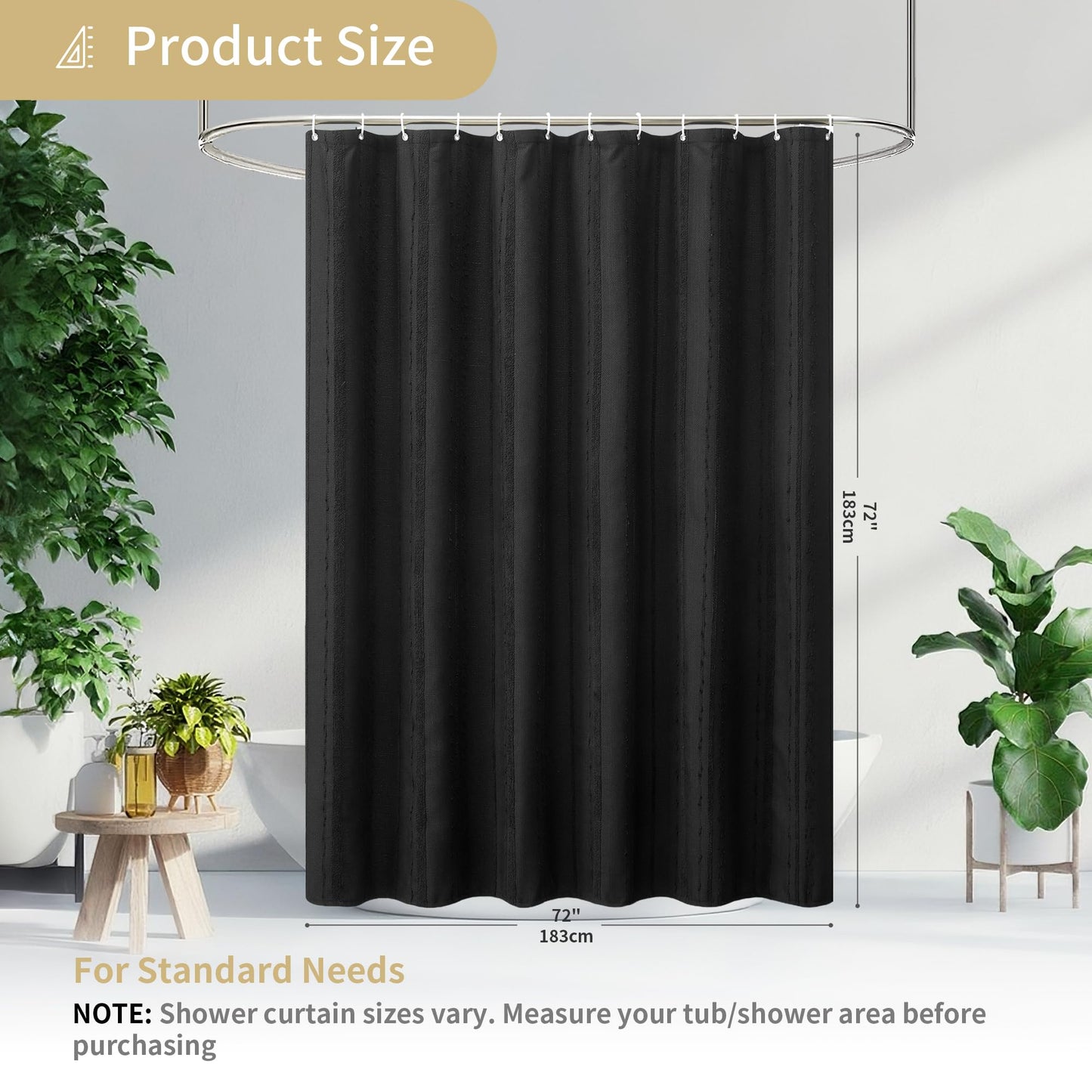 Lameirose Black Shower Curtain Boho, Cotton Blend Waffle Shower Curtains Textured, Fabric Shower Curtain for Bathroom, Hotel, Washable,72 x 72
