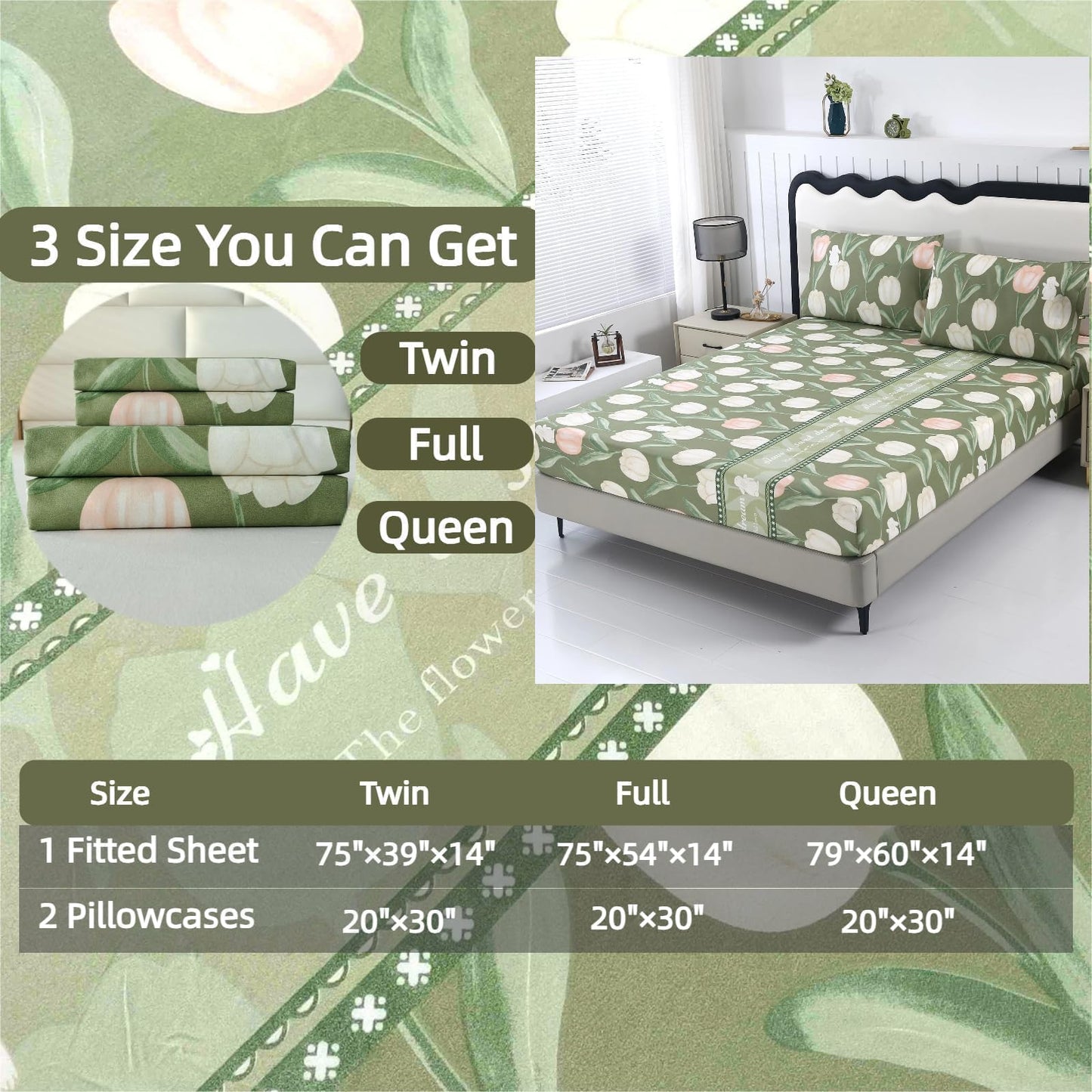 SDIII Green Floral Full Fitted Sheet with 2 Pillowcases, Deep Pocket Soft Microfiber Floral and Rabbit Sheet Full Size All Season