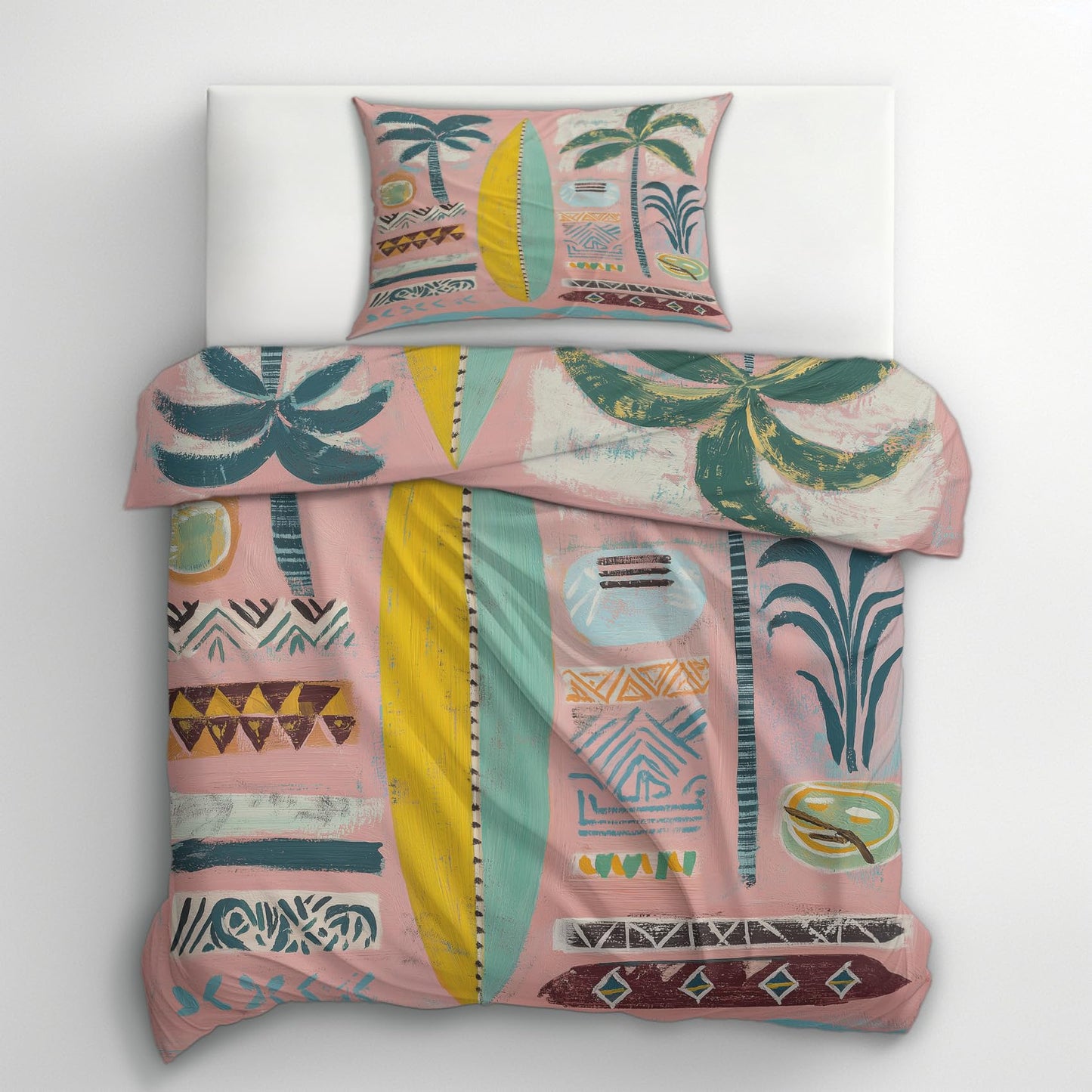 Retro Tropical Full Duvet Cover Set 3 Piece, Palm Tree Surfboard Reversible Bedding with 2 Pillow Shams, Zipper & Ties, Ultra Soft Microfiber, Tropical Bedroom Decorations 24A-W