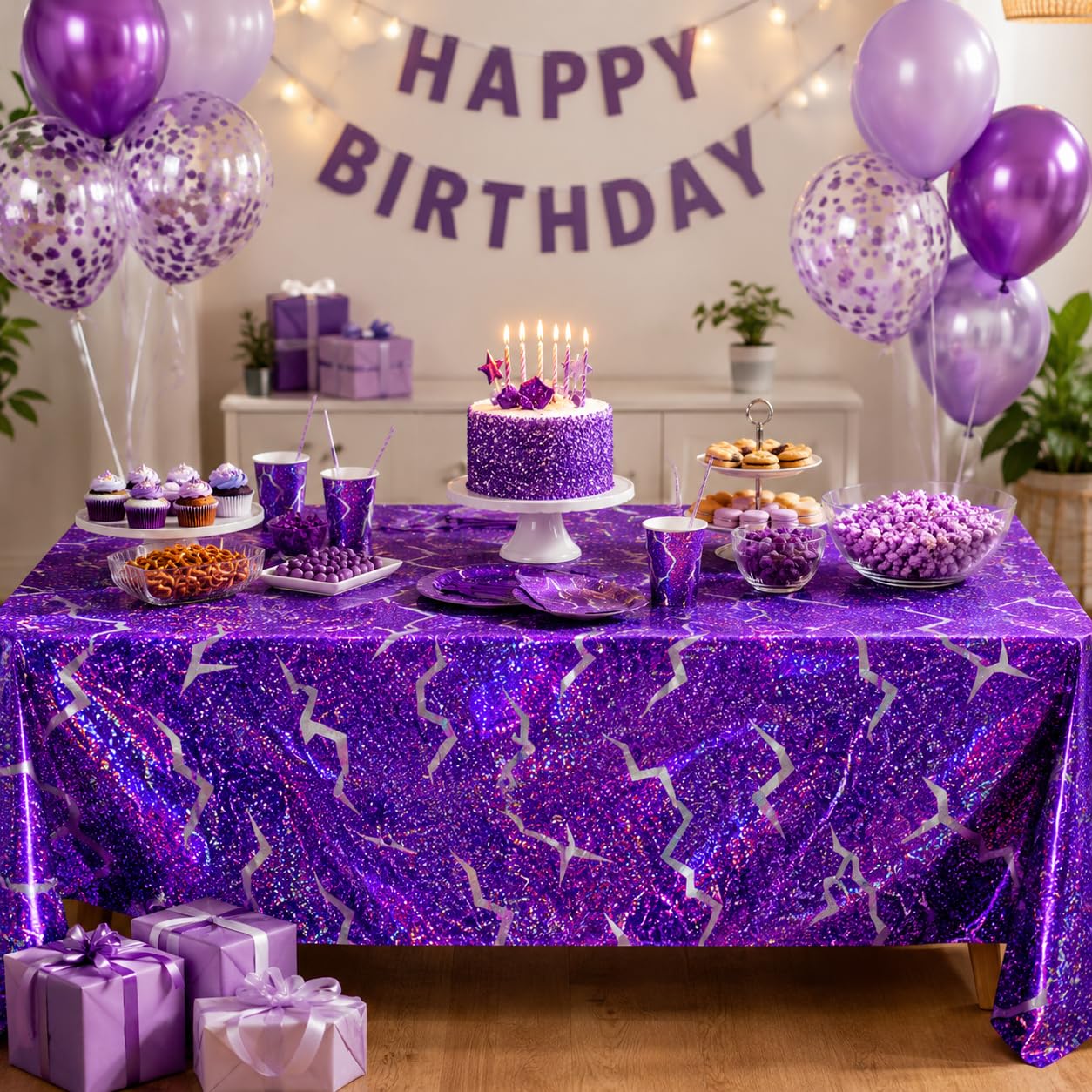 LHFYACI 4 Pack K-Style Holographic Laser Purple Tablecloth, Iridescent Party Decorations, Shiny Lightning Disposable Table Covers for Birthday, Bridal Shower, Bachelorette, Disco Party, 54x108 Inch