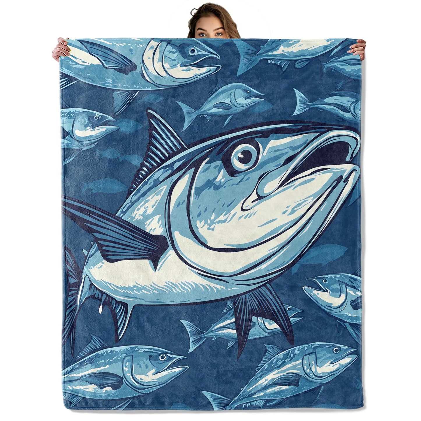 Fishing Tuna Blanket 50X60 in, Flannel Throw Blankets for Travel Camping Sofa Living Room Decor, Lightweight Cozy Soft Fuzzy Gifts for Women Adults Kids
