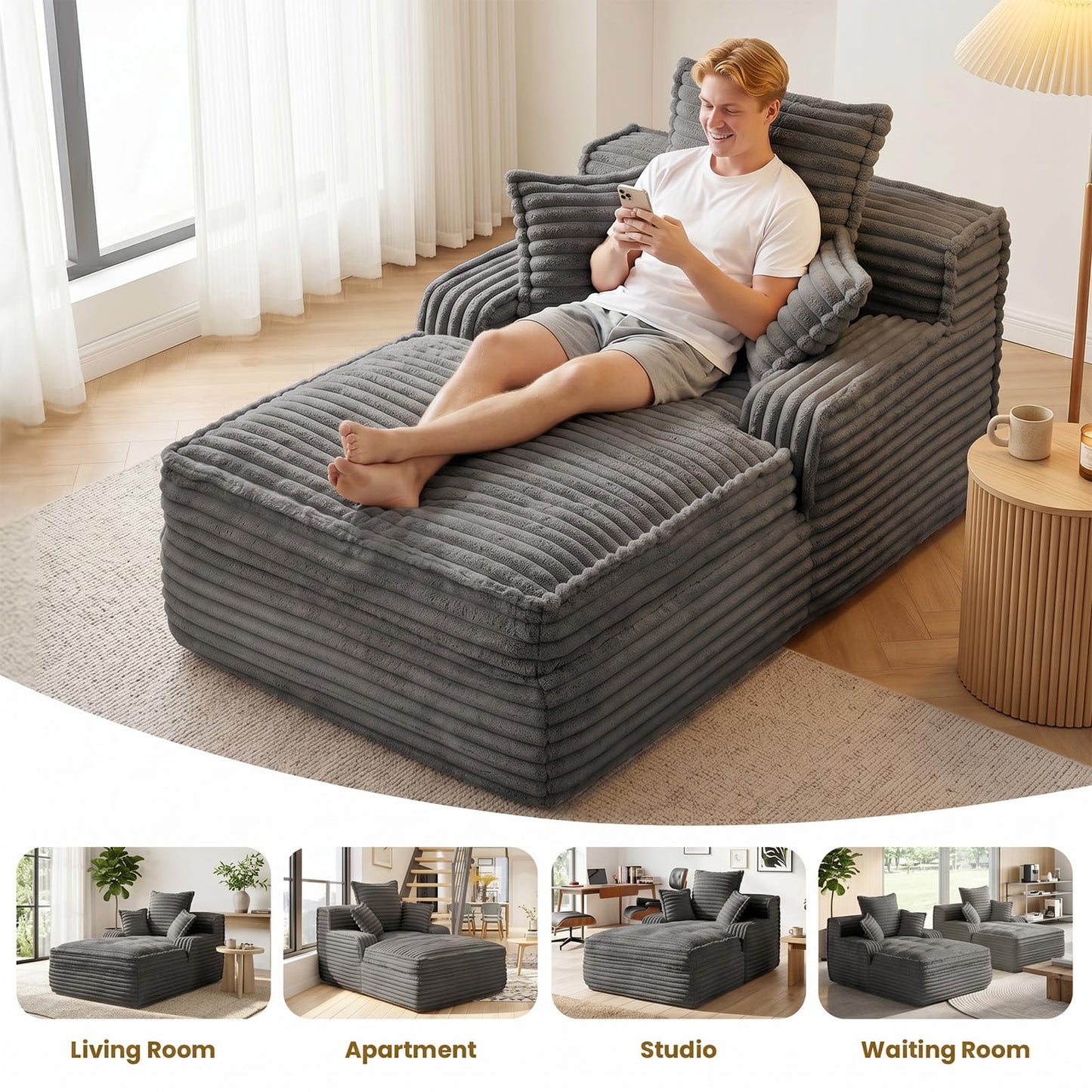 Ziydily 57 Inch Chaise Lounge Chair Indoor, Corduroy Upholstered Boneless Sofa Bed, Deep Seat Sleeper Couch Reading Chairs, Small Comfy Cloud Sofas Couches for Living Room, Bedroom, Grey