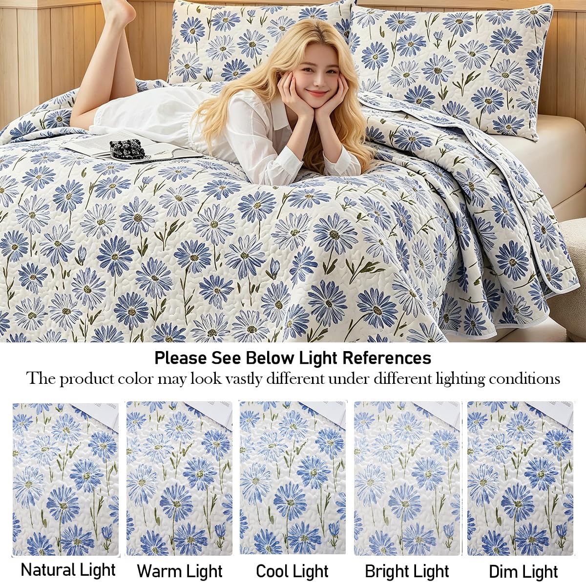 SANOCAY Blue Daisy Floral Quilt Set King Size, 3 Piece Lightweight Summer Bedding Set with 2 Pillow Shams, Soft Reversible Microfiber Bedspread, Farmhouse Coverlet for All Season (Blue Daisy, King)