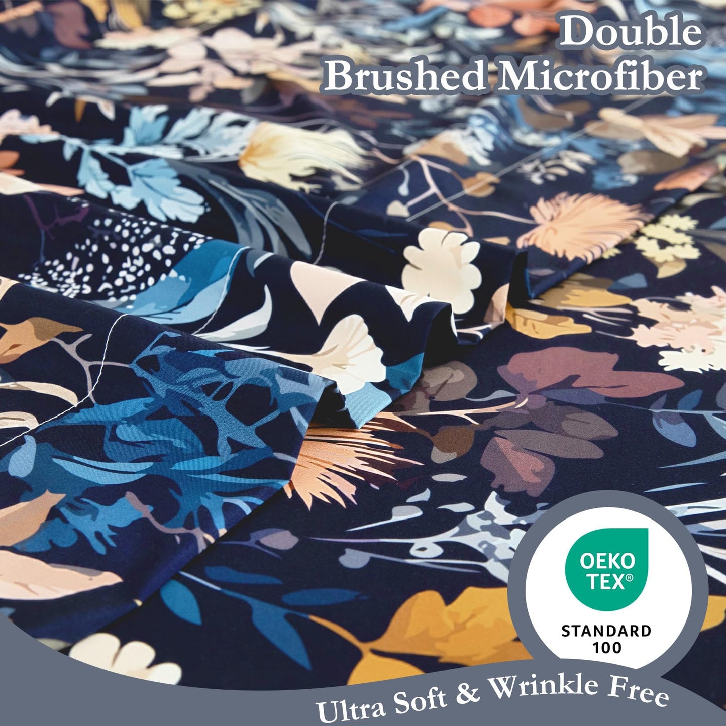 MICORAL Boho Floral Queen Sheet Set, 4-Piece Printed Botanical Bed Sheets, 16" Deep Pocket, Ultra Soft & Cooling Sheet, Oeko-TEX Certified, Midnight Blooms