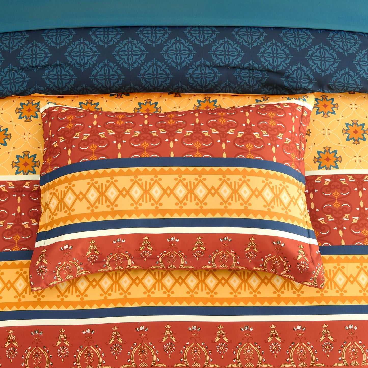 WONGS BEDDING Boho Comforter Set King Size,7 Pieces Bed in a Bag Bohemian Striped Bedding Set,Burnt Orange Paisley Floral Comfortet and Sheet Set,Soft Microfiber Bedding Sets for All Season