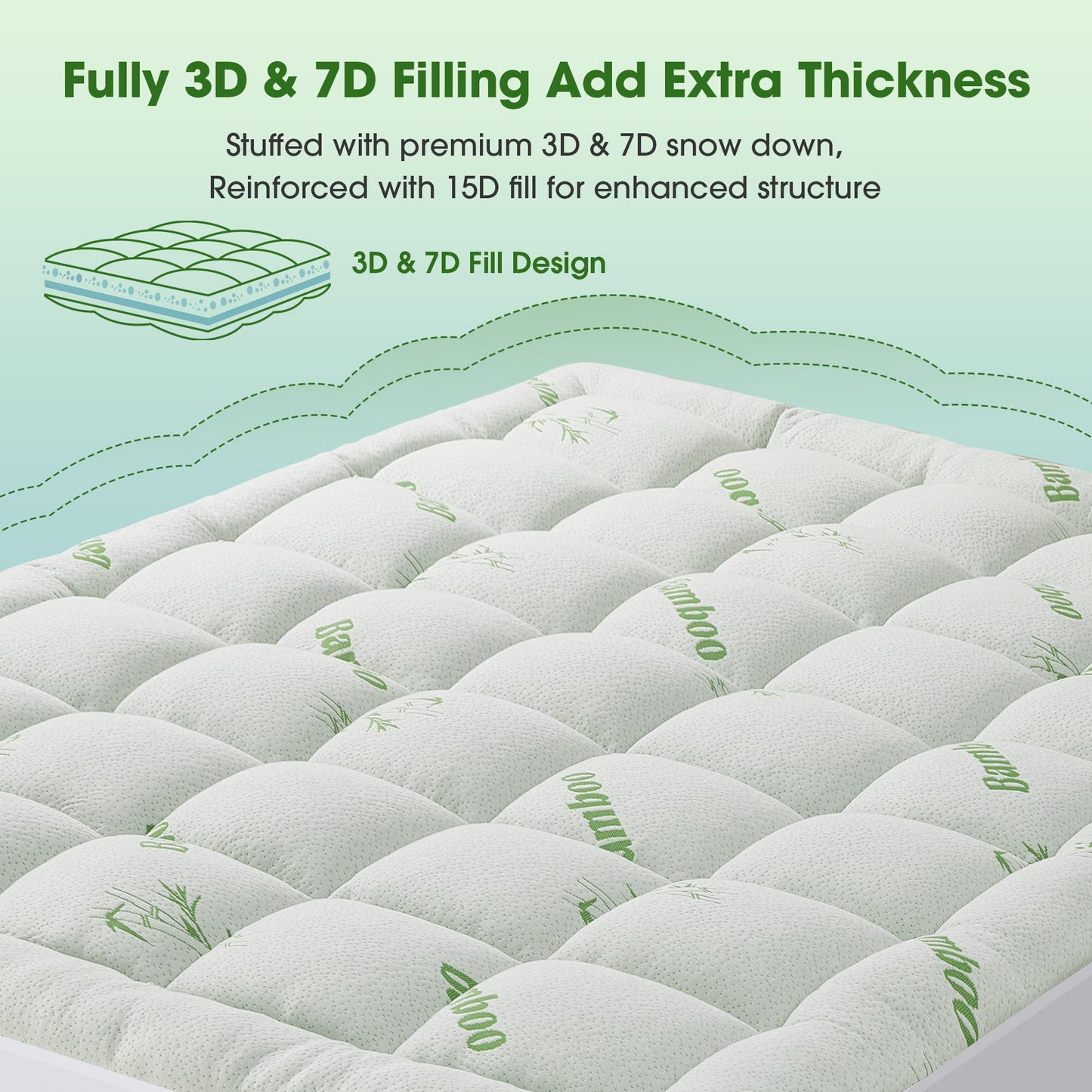 Mattress Pad Queen Size, Cooling Pillow Top Mattress Topper, Ultra Soft Viscose Made from Bamboo, Breathable for Hot Sleepers, Deep Pocket 8"-20", Green