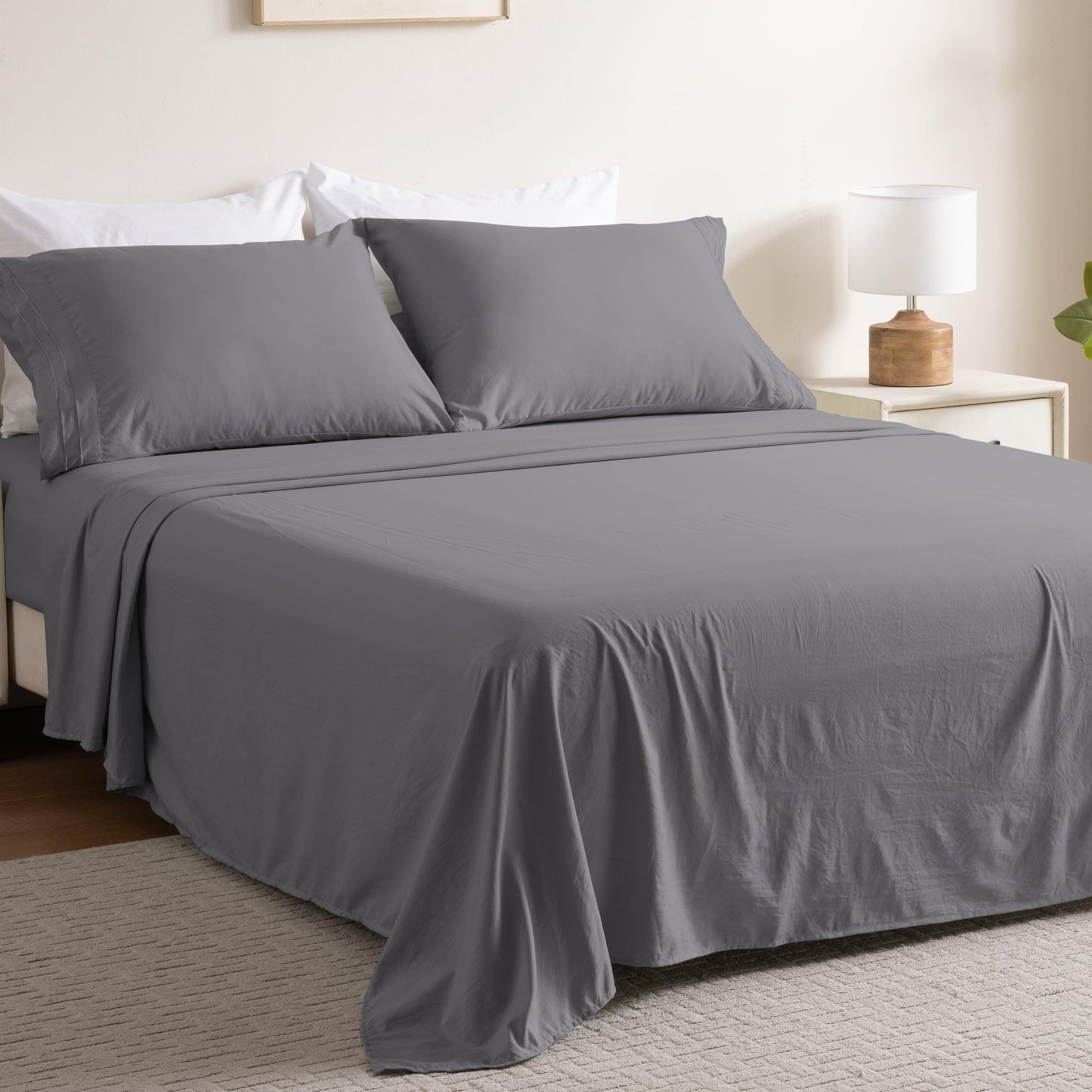 Ranunculus 3 Piece Washed Twin Bed Sheet Set, Fitted Sheet Twin Size & Bedsheet & Pillowcase, Soft Brushed Microfiber - 16 inches Deep Pocket, Breathable, Fade Resistant,Easy Care (Dark Grey,Twin)