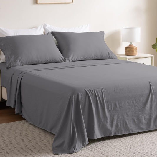 Ranunculus 3 Piece Washed Twin Bed Sheet Set, Fitted Sheet Twin Size & Bedsheet & Pillowcase, Soft Brushed Microfiber - 16 inches Deep Pocket, Breathable, Fade Resistant,Easy Care (Dark Grey,Twin)