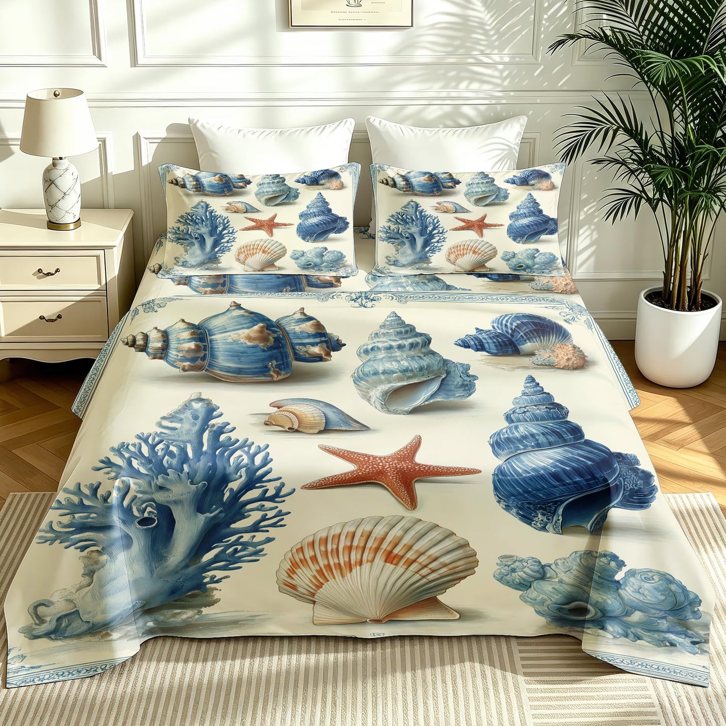Seashell Bedding Set 4 Pcs Blue and White Coastal Queen Sheets