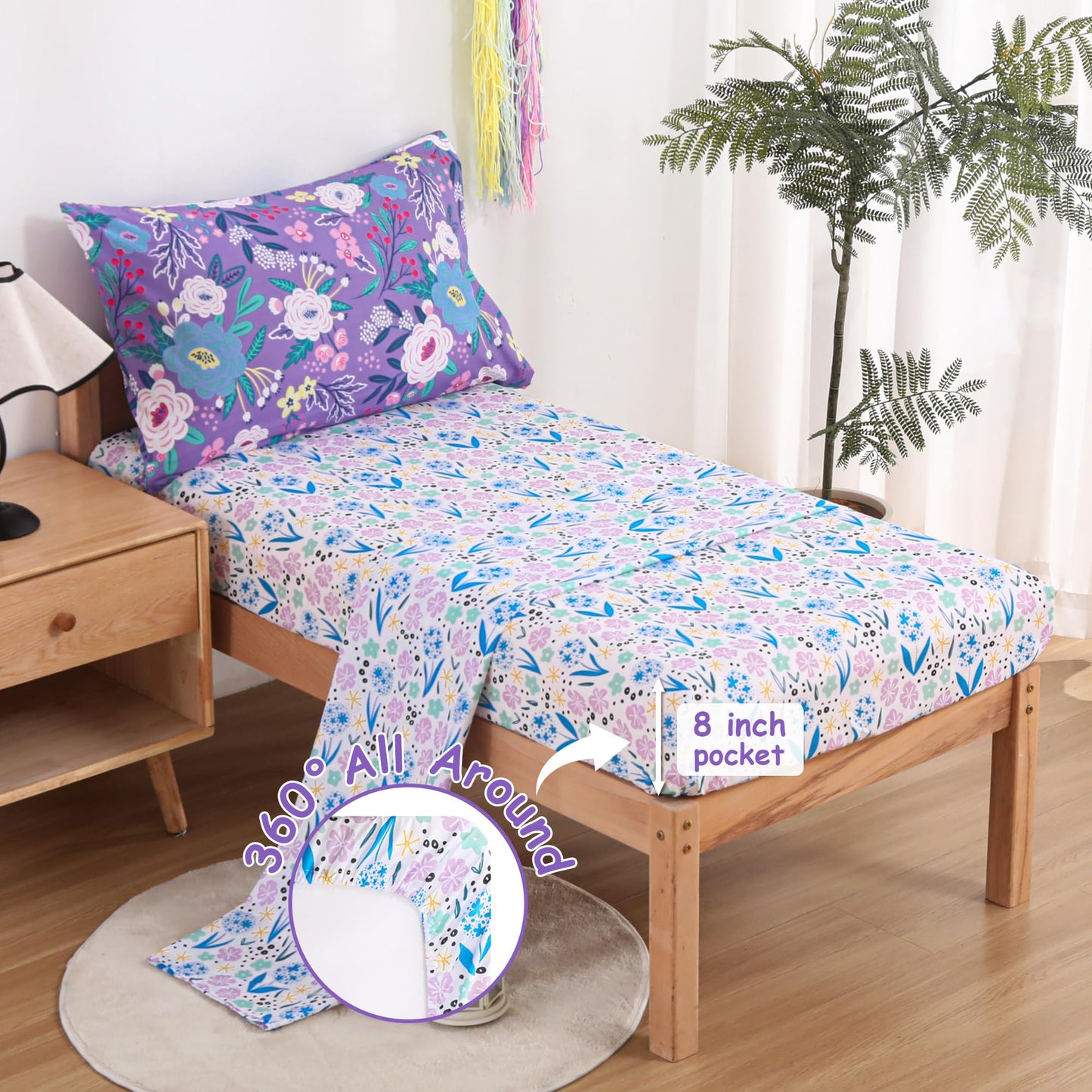 Mooreeke 4 Pieces Toddler Bedding Set - Purple Floral Toddler Comforter Sets for Girls, Includes Comforter, Flat Sheet, Fitted Sheet and Pillowcase, Bed in A Bag for Baby Bedroom