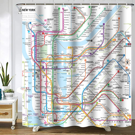 SPXUBZ New York Subway Map Shower Curtain White Subway Map Shower Curtains for Bathroom Waterproof Polyester Fabric Shower Curtain Sets with Hooks 72x72 Inch