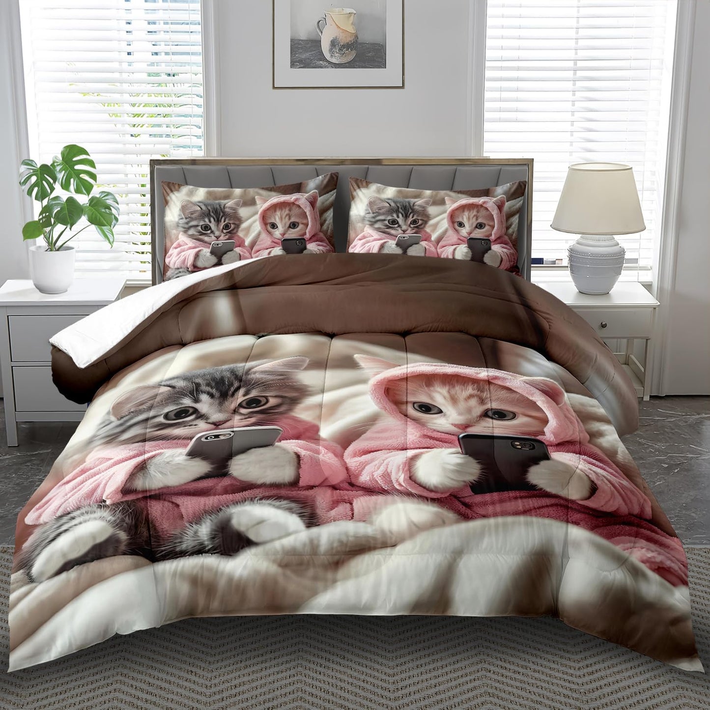 llyxsesty Cute Cat Comforter Set Queen for Kids Kawaii Cat Bedding Set Girls Kawaii Animal Comforter Queen Quilt Cute Pet Bedroom Decor Animal Bedding Home Decor