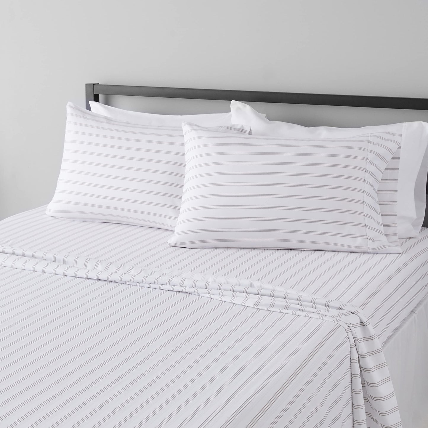 Amazon Basics Lightweight Breathable Brushed Microfiber 4-Piece Bed Sheet Set, Wrinkle Resistant with 14-Inch Deep Pockets, Queen, Taupe Stripe