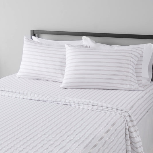 Amazon Basics Lightweight Breathable Brushed Microfiber 4-Piece Bed Sheet Set, Wrinkle Resistant with 14-Inch Deep Pockets, Queen, Taupe Stripe