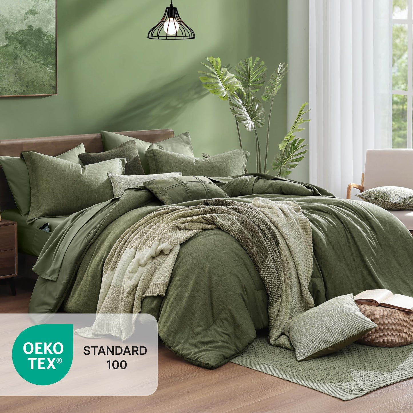 Monbix Queen Comforter Set - 7 Pieces Cationic Dyeing Olive Green Bed in a Bag Queen Bedding Sets with Comforter, Sheets, Pillowcases & Shams, Reversible Bedding Comforters Sets