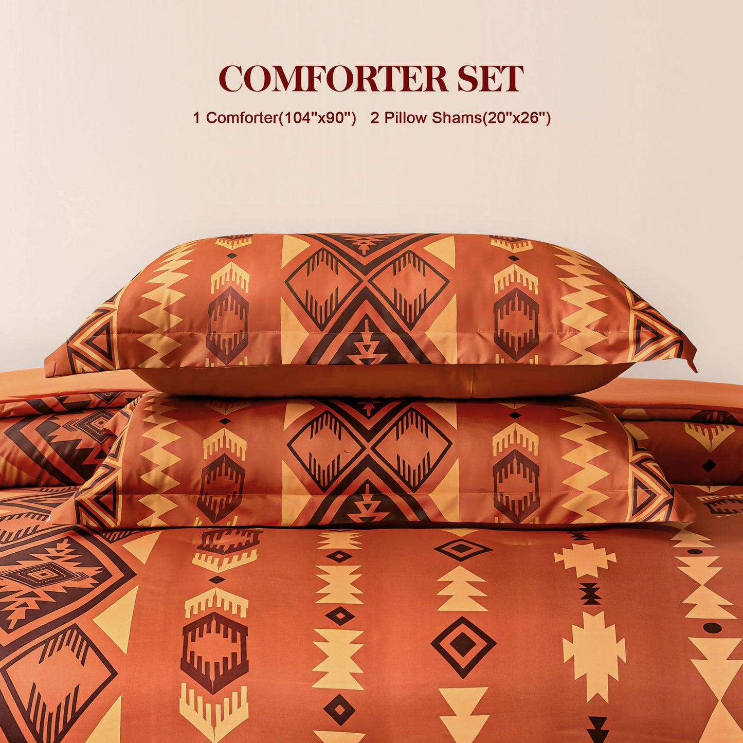 Tyrot King Comforter Set – 3 Piece Burnt Orange Boho Aztec Bedding, Western Southwestern Style Comforter Sets, Soft Lightweight Comforter for All Seasons, 1 Comforter & 2 Pillow Shams