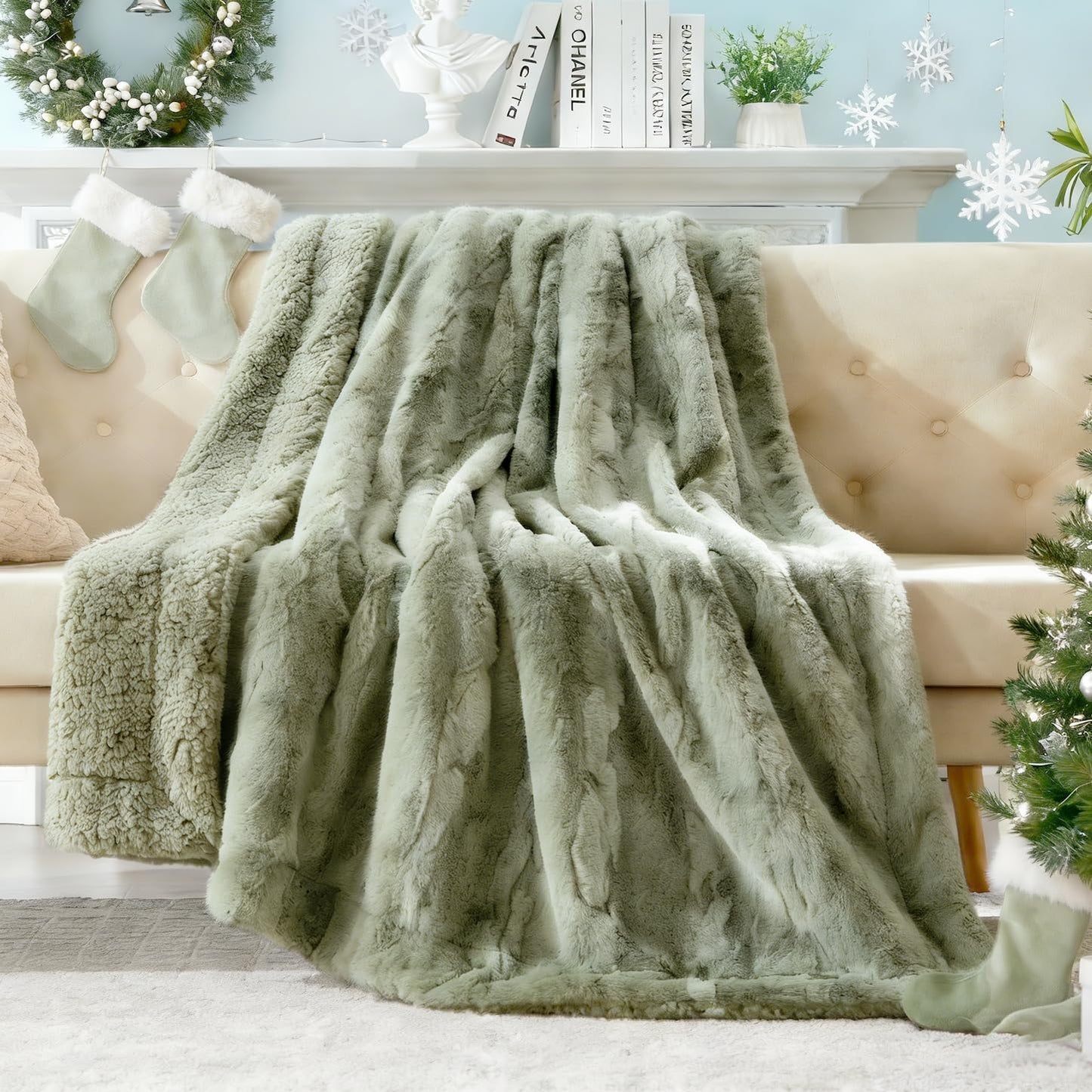 COZYART Lint Free Faux Fur Sherpa Throw Blanket, Reversible Soft Fluffy Shaggy Microfiber, Warm Cozy for Couch Sofa Bed Home Decor, Sage Green 50x60 Inches