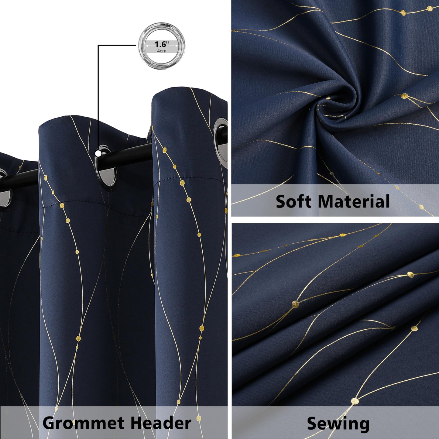 BUHUA Blackout Curtains 84 Inches Long, Gold Foil Print Wave Pattern Room Darkening Curtain, Living Room Curtains & Drapes, Thermal Insulated Window Panel Set, 52 x 84 Inch, Navy