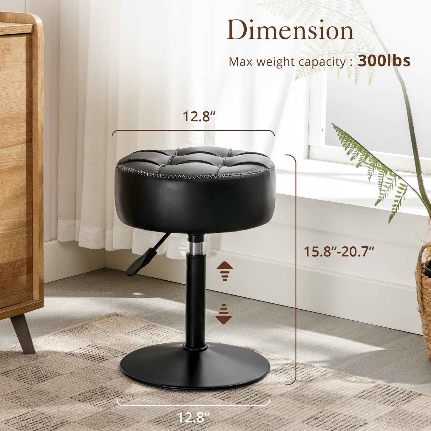 LUE BONA Adjustable Vanity Stool 15.8"-20.7", 360° Swivel Faux Leather Chair, 300lbs Capacity for Makeup Room, Bathroom, Living Room, Black