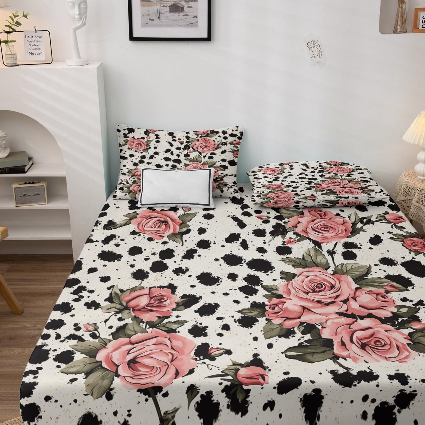 NOGAWA Pink Rose Sheets Queen, Cow Print Bed Sheets, Floral Flower Bedding Sheets, Soft Microfiber Deep Pocket Fitted Sheet, Flat Sheet, 2 Pillowcases