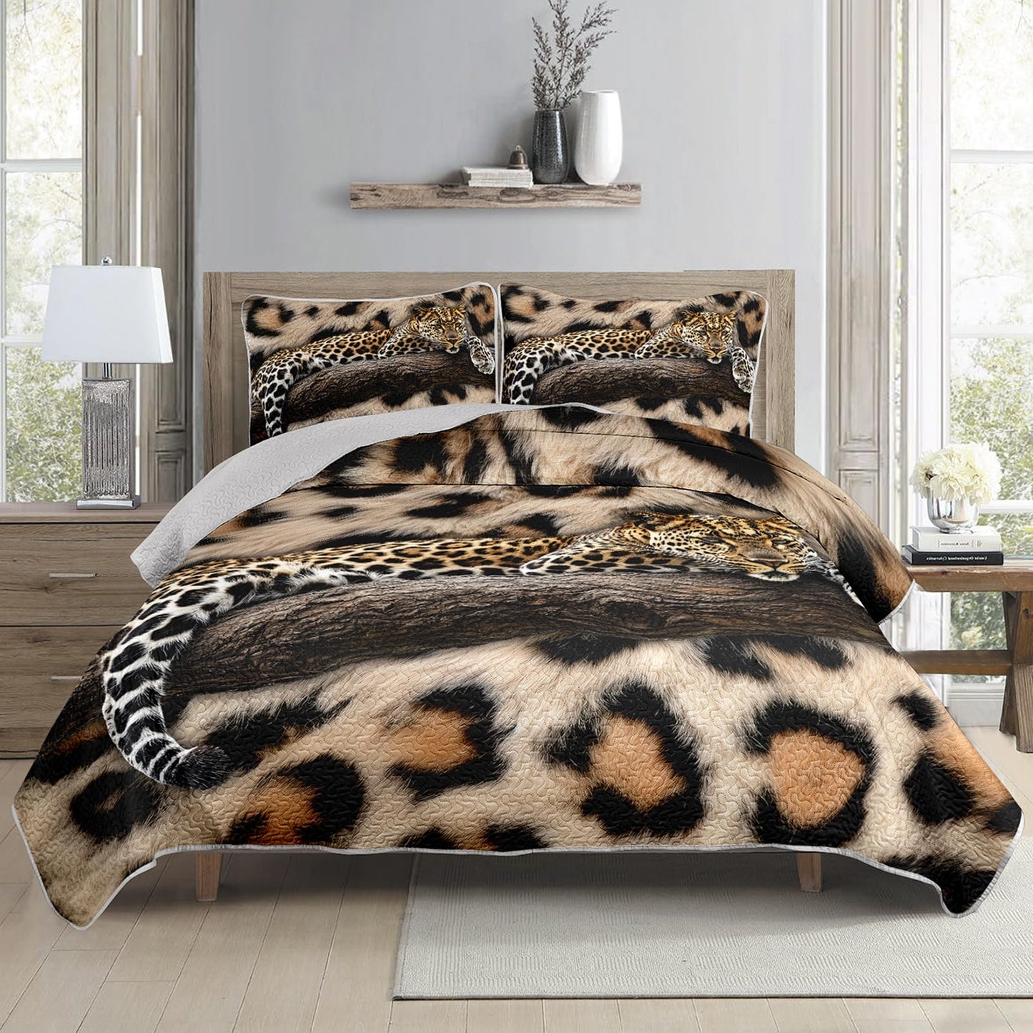AILONEN Leopard Print Quillt Set King Size,Safari Cheetah Black Brown Bedspread Coverlet for Boys Men,Western Bedding Print Quilt,2 Pillowcases,3-Piece