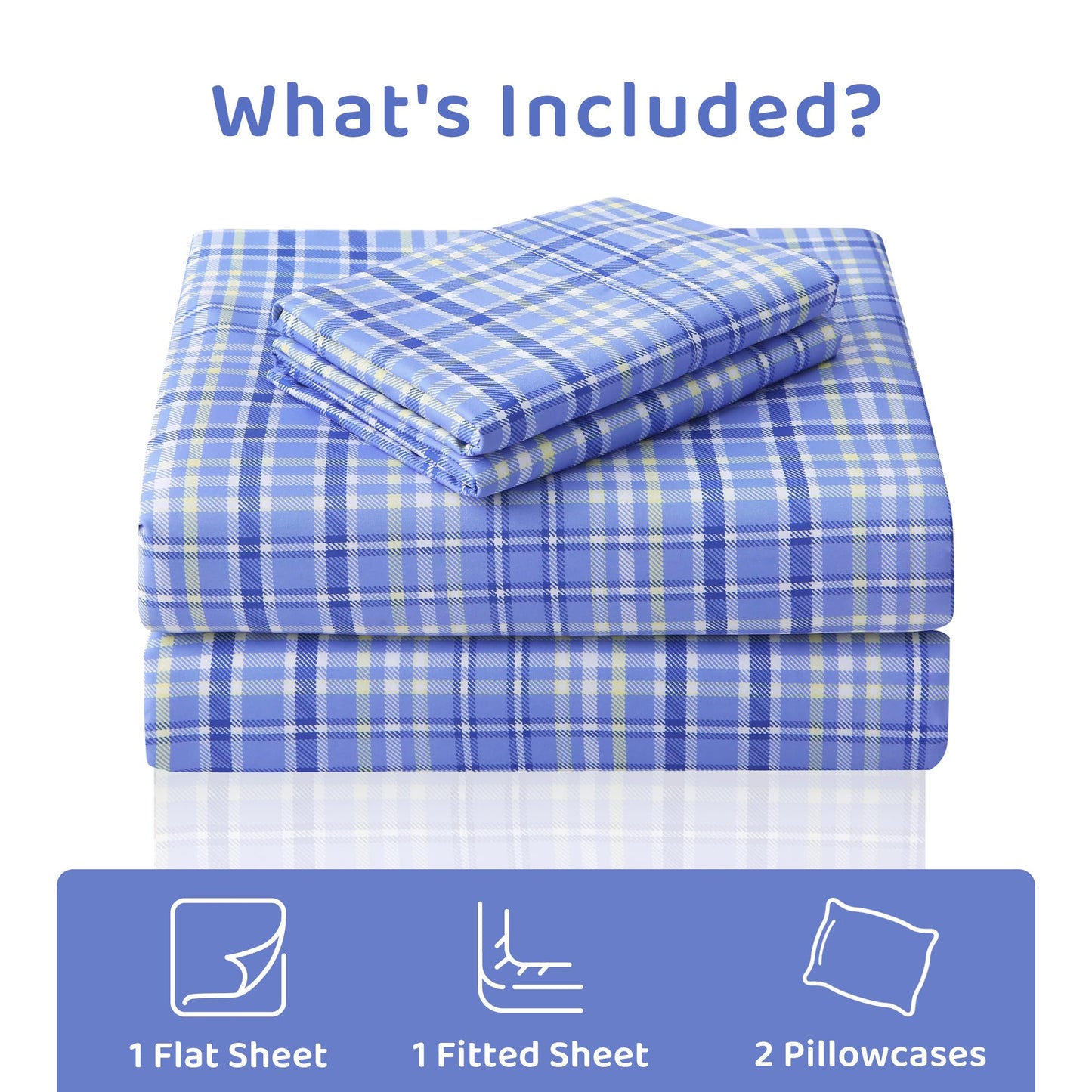Mooreeke Cozy Plaid Microfiber Printed Full Sheet Set - Soft & Breathable Purple Yellow Plaid Bed Sheets with Extra Deep Pocket - Non-Slip Fitted Design - Purple Yellow Square Plaid Pattern - Full