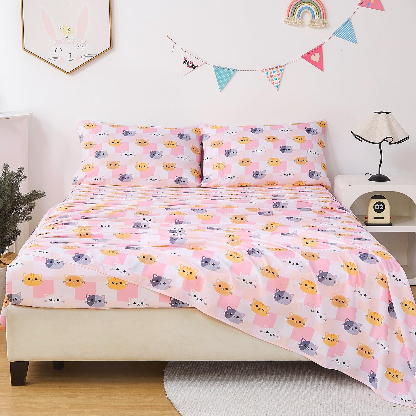 CozySmile Twin Sheet Set Kids,3 Pieces Breathable Soft Microfiber Bedsheets for Child Girls, Oeko-TEX, Anti Pilling Deep Pockets Easy Care Bed Sheets, Cat Plaid