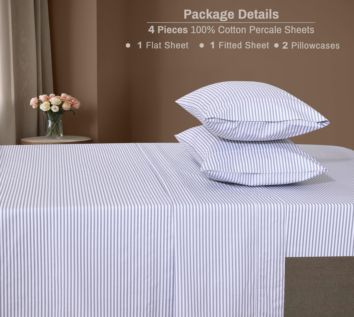 ZOYER 100% Cotton Sheets – Full Size Percale Bedding, Cooling & Breathable, Durable with a Crisp, Soft & Comfortable Feel, 16" Deep Pocket, 4-Piece Set, Grey Stripe