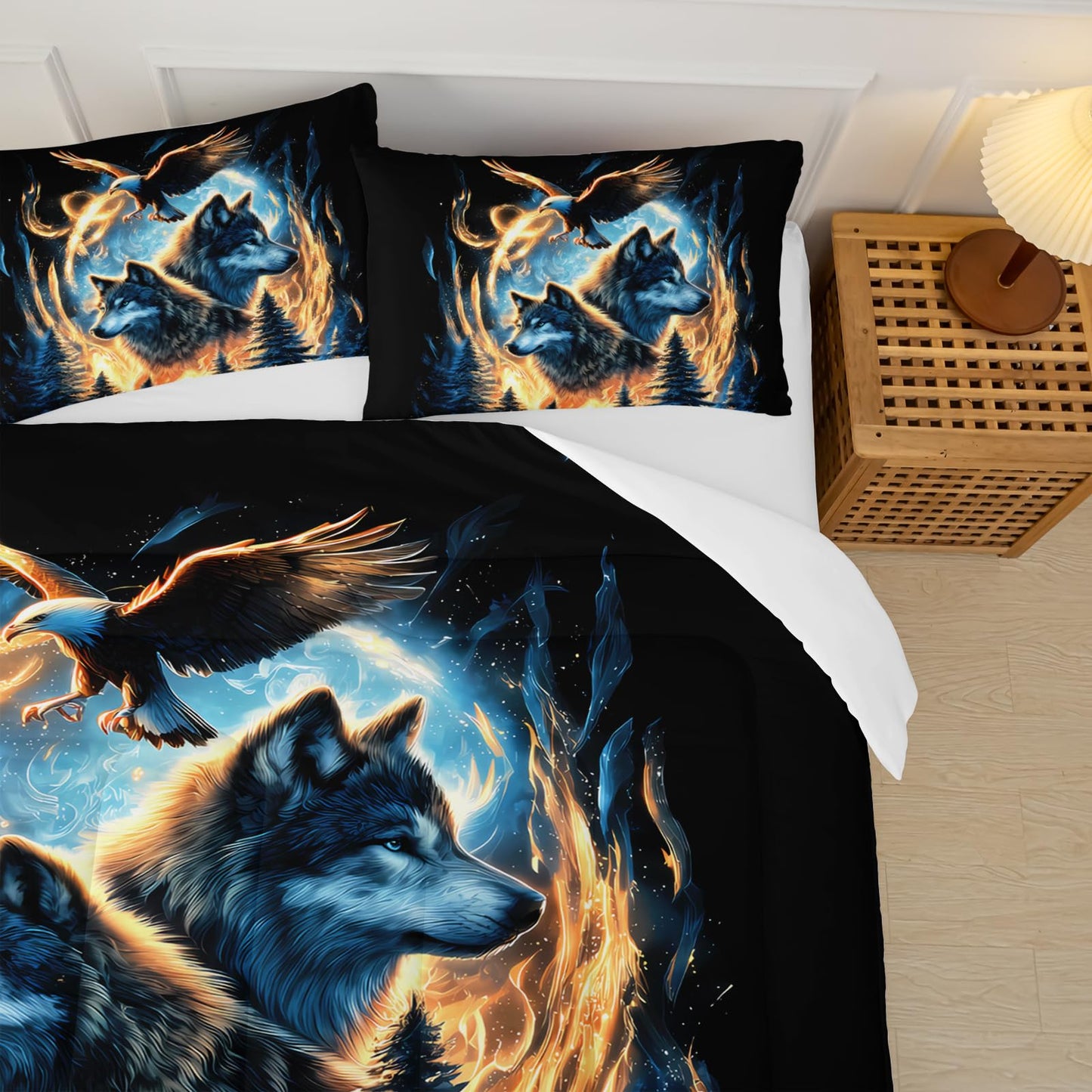 lneffble Moon Wolf Comforter Set Twin for Teen Boys Girls,Howling Wolves Comforter Forest Eagle Bed Set,Wild Animals Bedding Set for Kids Bedroom Decor,All Seasons