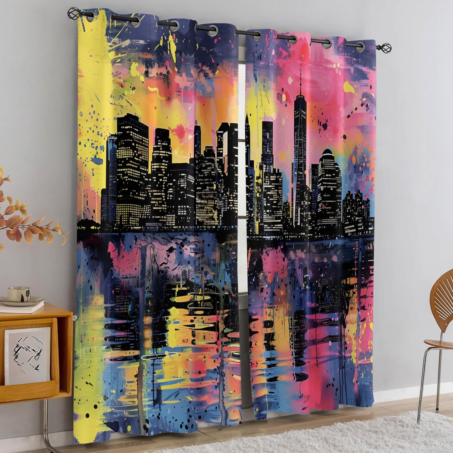 XAFIAUR Urban Architecture Blackout Curtains, Skyline Landscape Printed Drapes, Color Splatter Thermal Insulated Drapes 2 Panels Darkening Window Curtain for Bedroom Living Room 21" W x 63" L x2