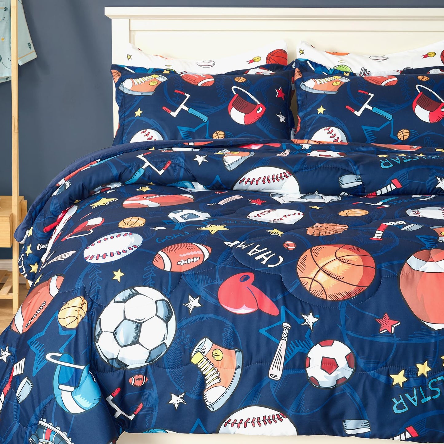 Jameswish 7 Pieces Sports Comforter Set for Boys Kids Soft Fluffy Baseball Bedding Set Full Size with 3D Soccer Basketball Football Design Bed in A Bag as Gifts