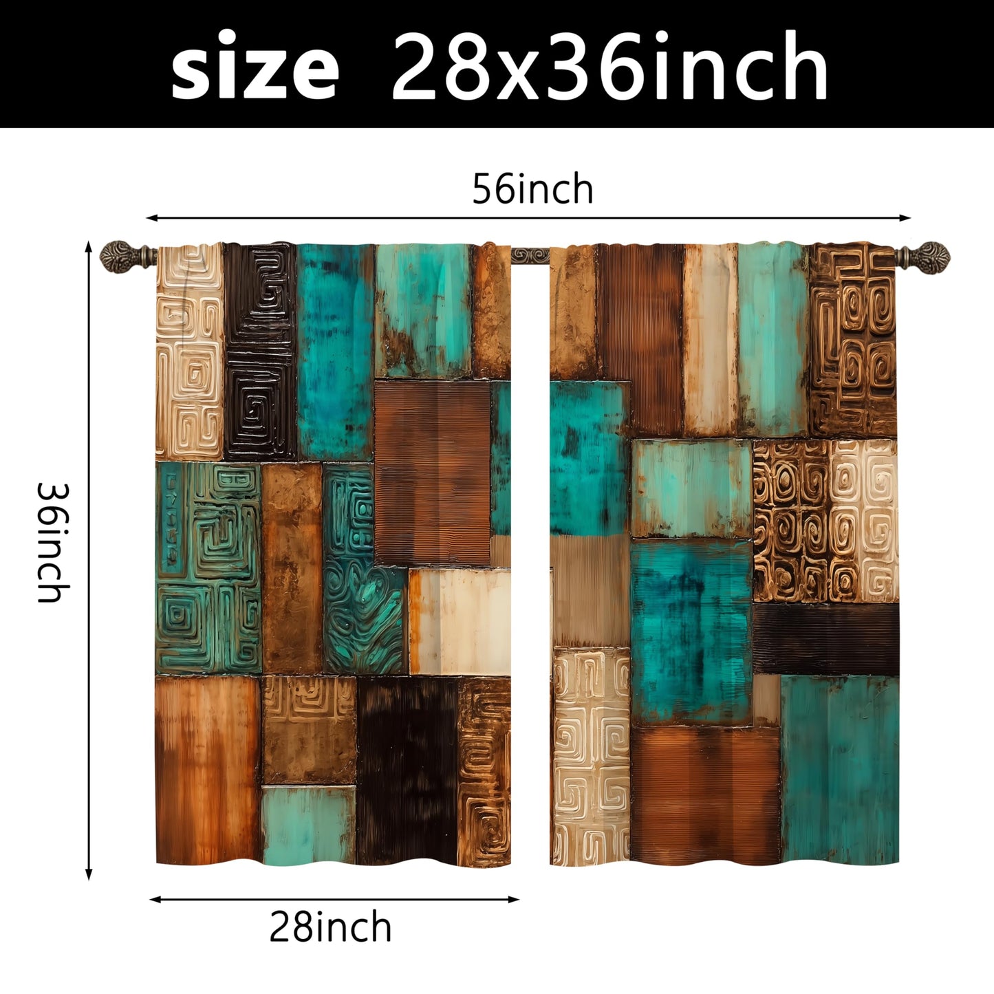 bassyil Vintage Geometric Teal Kitchen Curtains Cafe Curtains for Bathroom Dining Room Living Room Farmhouse Pocket Window Drapes 2 Panels Set Blackout Curtain 28"x36"