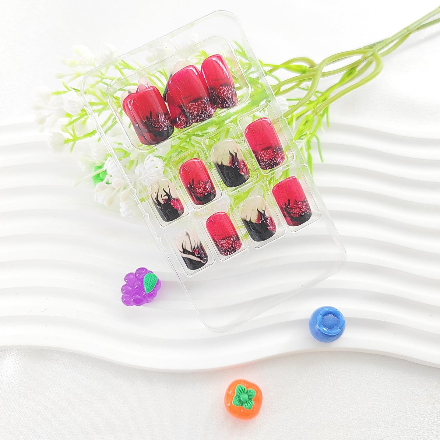 Press on Nails Square Fake Nails Medium with Black Flame Glitter Design Nails Press ons Red Full Cover Glue on Nails Glossy Acrylic Nails Winter Stick on Nails for Women 24Pcs