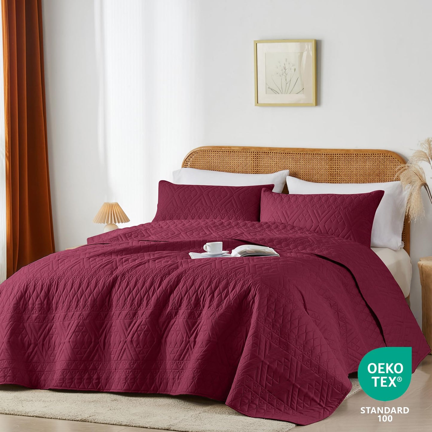 akkialla Full/Queen Quilt Set, Burgundy Lightweight Microfiber Bedspread Coverlet, Boho Geometric Pattern, Soft All-Season Bedding, 3-Piece (1 Quilt, 2 Pillow Shams)