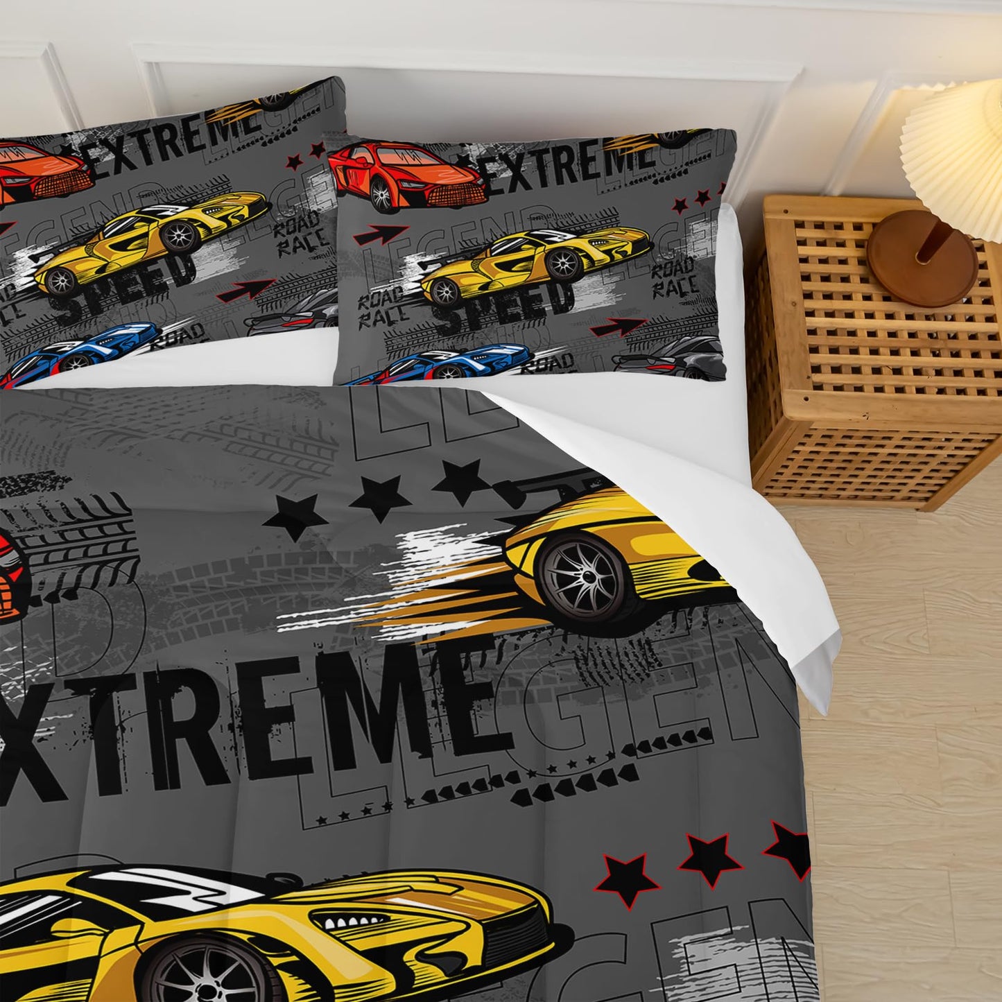 lneffble Race Car Full Comforter Set for Boys，Race Car Full Bedding Sets for Boys，Hot Wheels Cars Full Bedding Set，Theme Room Decor