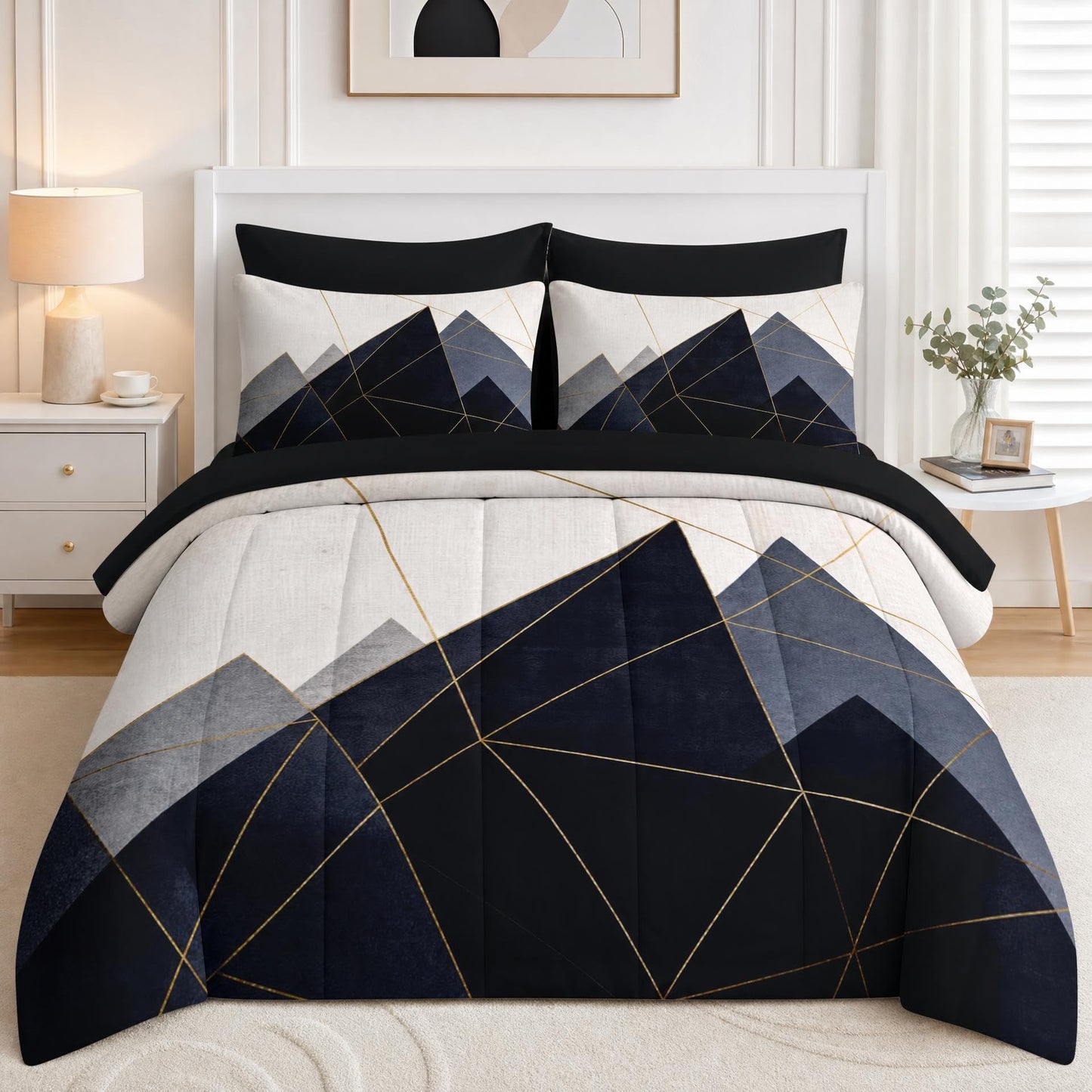 Boewywh Comforter Set Twin Size Mountain Geometric Abstract 7 Pcs, Bedding for Kids and Adults, Modern Gold Bed Sheet Sets with Fitted Sheet 2 Pillowcases & 2 Shams for Bedroom Bed Decor