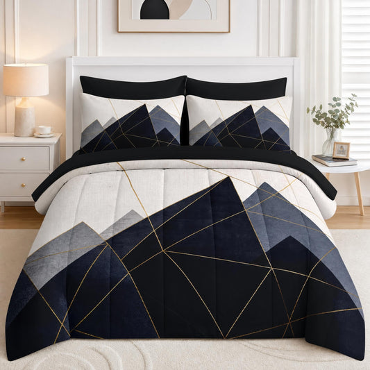 Boewywh Comforter Set Twin Size Mountain Geometric Abstract 7 Pcs, Bedding for Kids and Adults, Modern Gold Bed Sheet Sets with Fitted Sheet 2 Pillowcases & 2 Shams for Bedroom Bed Decor