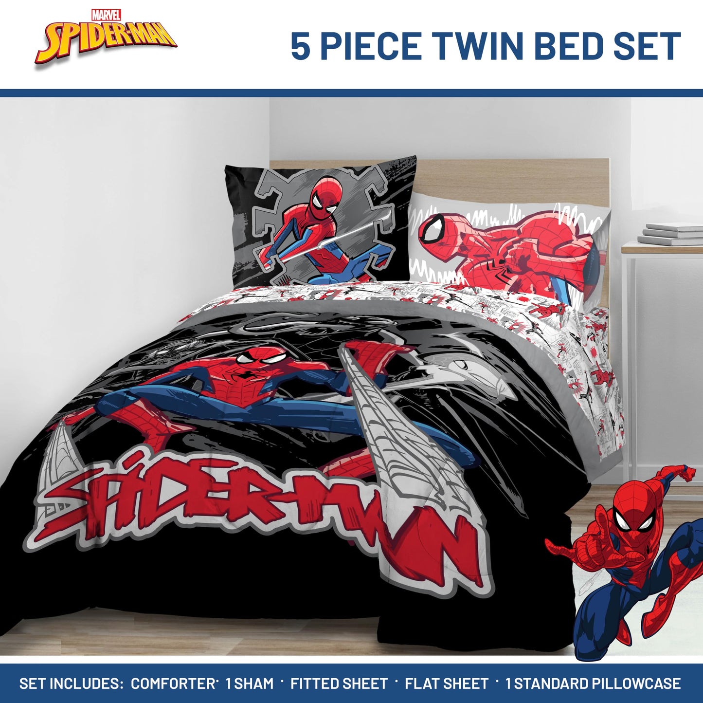 Jay Franco Kids Bed Set, Black, Spiderman, 5 Piece Twin