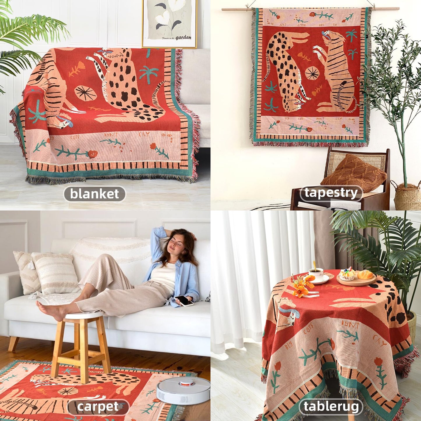 Shesyuki Boho Throw Blanket Reversible Cotton Bohemian Tapestry Hippie Room Decor Outdoor Blanket Double Sided (Boho Leopard 50"x60")