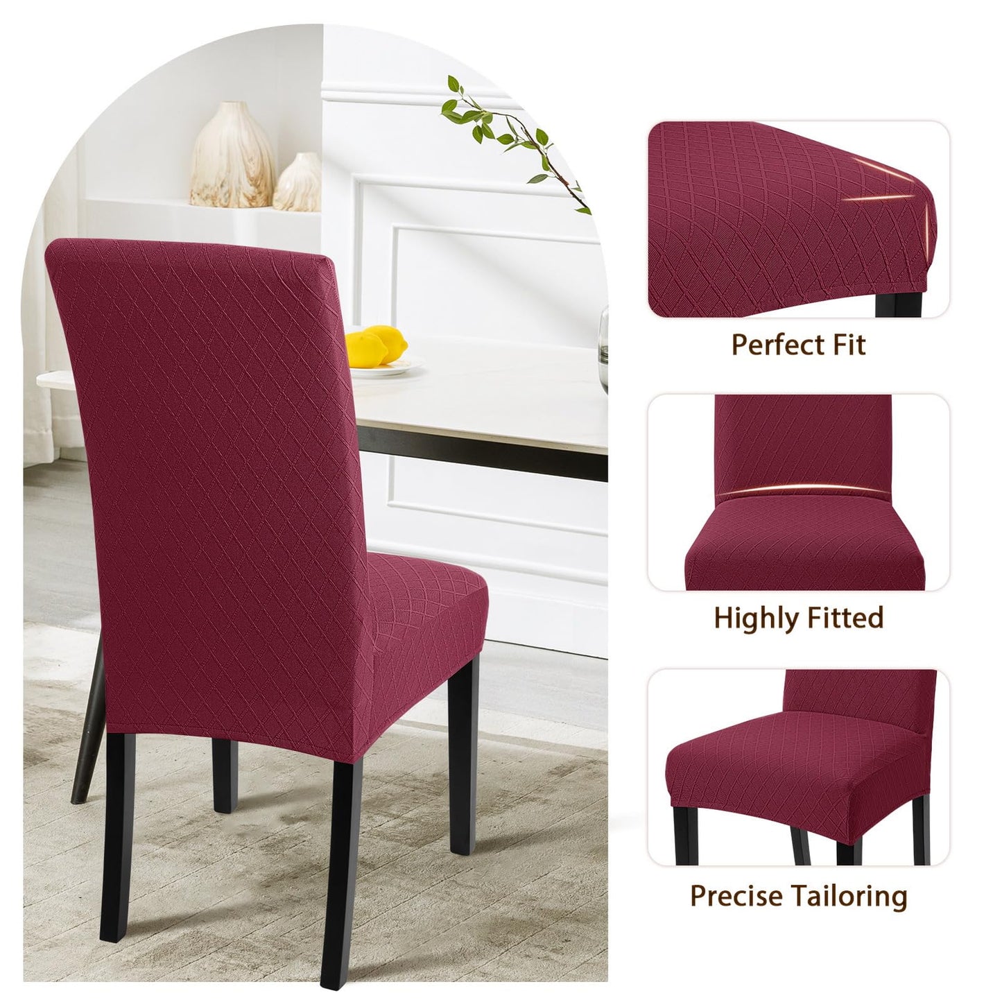 SearchI Dining Room Chair Covers Set of 4, Stretch Jacquard Parsons Chair Slipcovers Removable Washable Kitchen Chair Protector Cover for Dining Room, Hotel, Ceremony (Wine Red Rhombus)