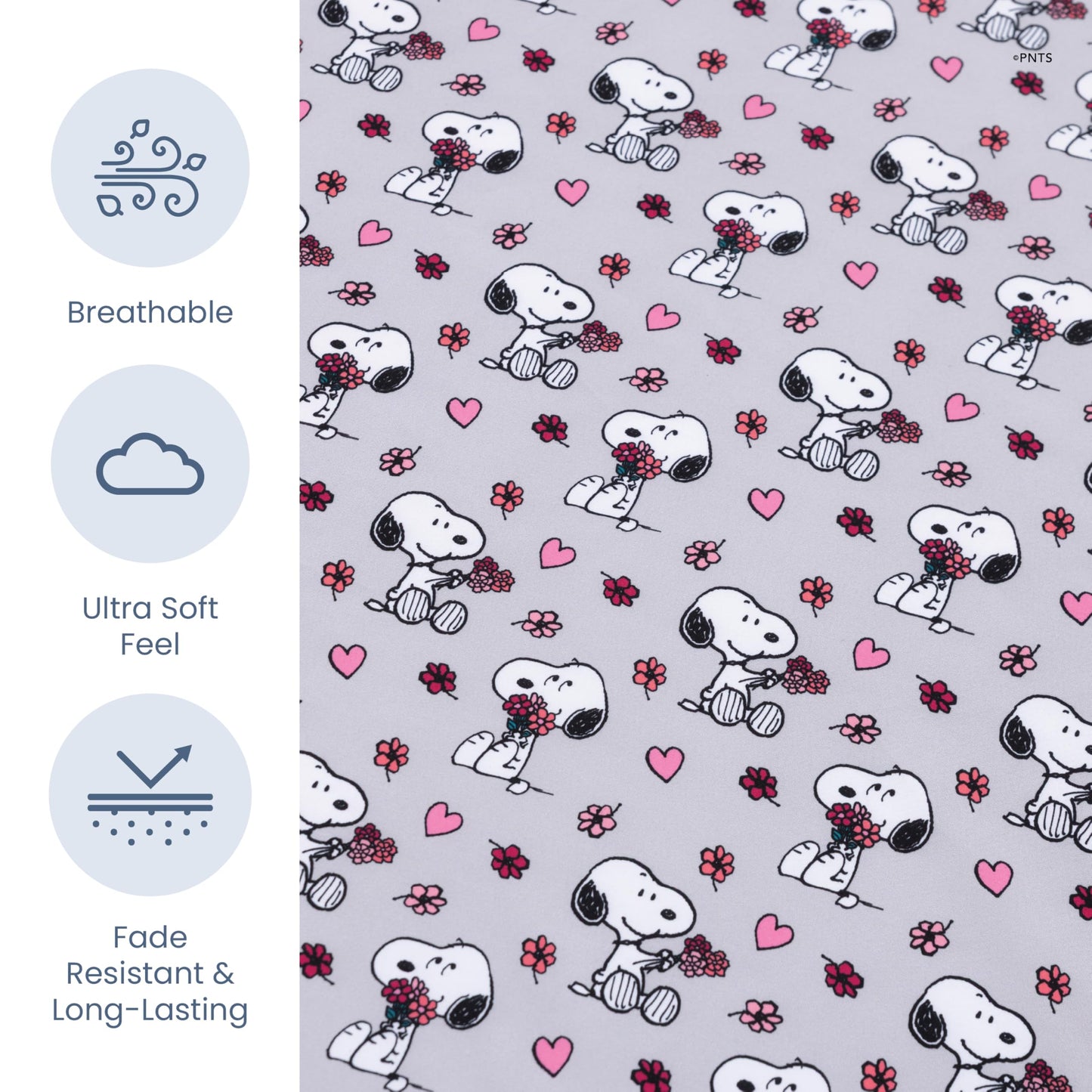 Berkshire Peanuts® Twin Flat Sheet (Only), Brushed Microfiber Sheet with Cute Snoopy Characters, Soft, Breathable, Easy-Care Bedding for Peanuts Fans, Love Blooms Light Grey