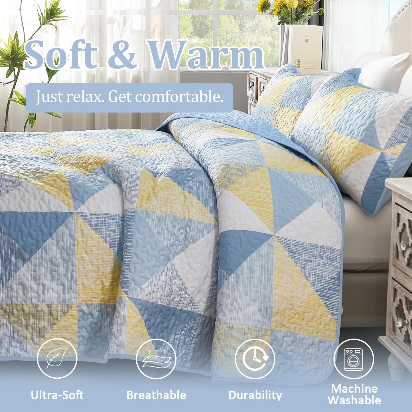 Dintszyayue Quilt Queen Size, 3 Pieces Patchwork Blue Yellow Bedspread Bedding, Soft Lightweight Microfiber Geometric Coverlet Set for All Spring Quilt with 2 Pillowcases90 x96
