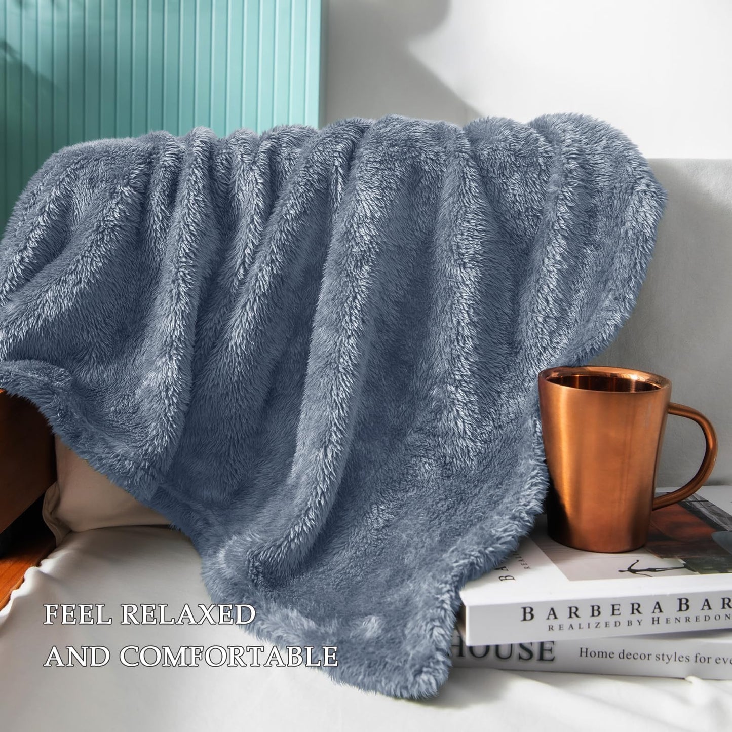 Exclusivo Mezcla Plush Fuzzy Fleece Throw Blanket Extra Large, Super Soft, Fluffy and Warm Blankets for Couch, Bed, All Season (Stone Blue, 50x70 inches)