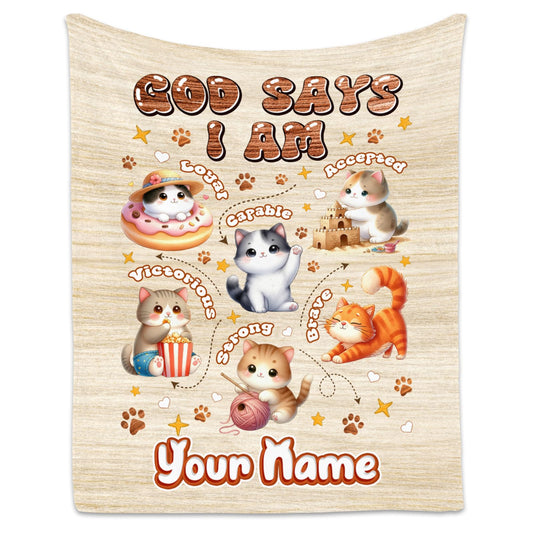 Personalized Cat Blankets with Name, Cat Themed Gifts for Girls Cat Lovers, Animal Print Blanket with Cats on It, God Says I Am Blanket for Kids Daughter Son, Fleece Throw Blankets for Bed, 60"x80"