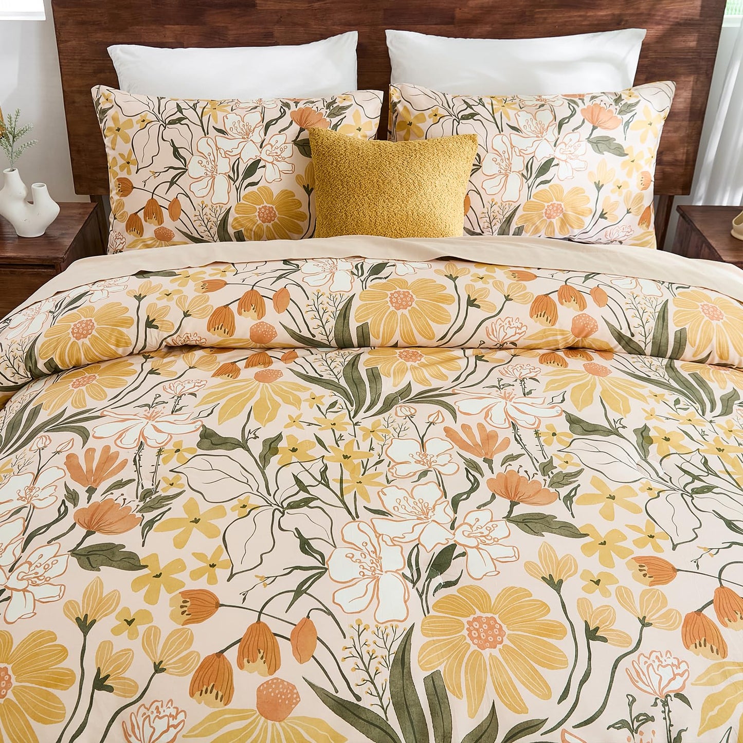 Bedorm 100% Cotton Comforter Set Queen Floral Bedding Set Yellow Flower Green Leaf Print French Country Bedding Extra Soft & Breathable Bedroom Comforter