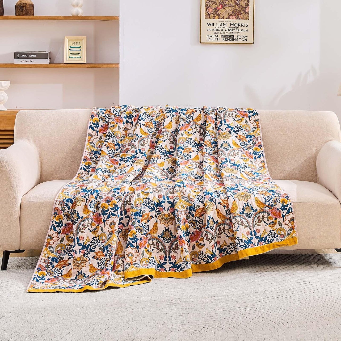 XIBLC Boho Blanket Throw Quilt, 100% Cotton Soft Light Weight Throw Blankets for Summer, 60"x80" Farmhouse Flower Decorative Blankets, All Season Rustic Reversible Bohemian Throw Quilt