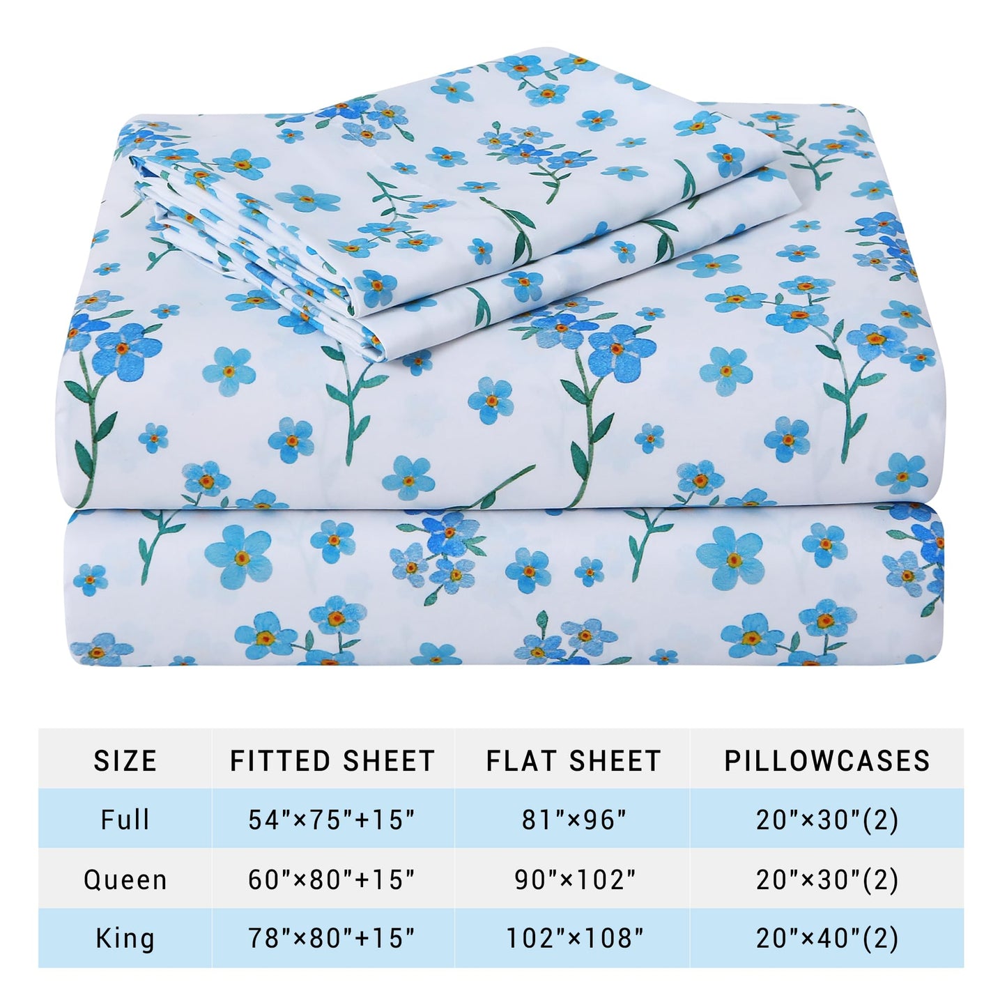 Viviland Floral Queen Sheet Set - 4 Piece Country Fresh Blue Flower Patterned Bed Sheets - Soft, Breathable Microfiber Sheets with Deep Pocket, Non-Slip Fitted Sheets & Pillowcases